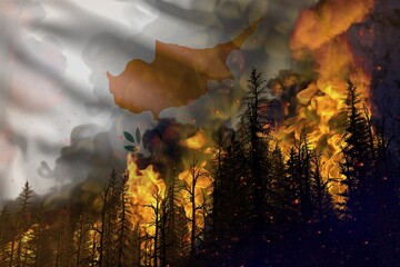 Forest fire fight concept, natural disaster - burning fire in the woods on Cyprus flag background - 3D illustration of nature