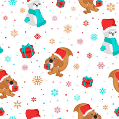 Christmas seamless pattern. Animal print. Squirrel with gift box and snowman with santa claus hat. Snowflakes. Packaging template, graphic design, wrapping paper, textiles and wallpapers.
