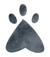 A cat's paw print. Watercolor illustration of a cat's paw, isolated on transparent background. Clipart for the design of postcards, printed products, animal products.