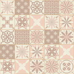 Spanish ceramic tile, beige pink monochrome, square tile vector illustration for design