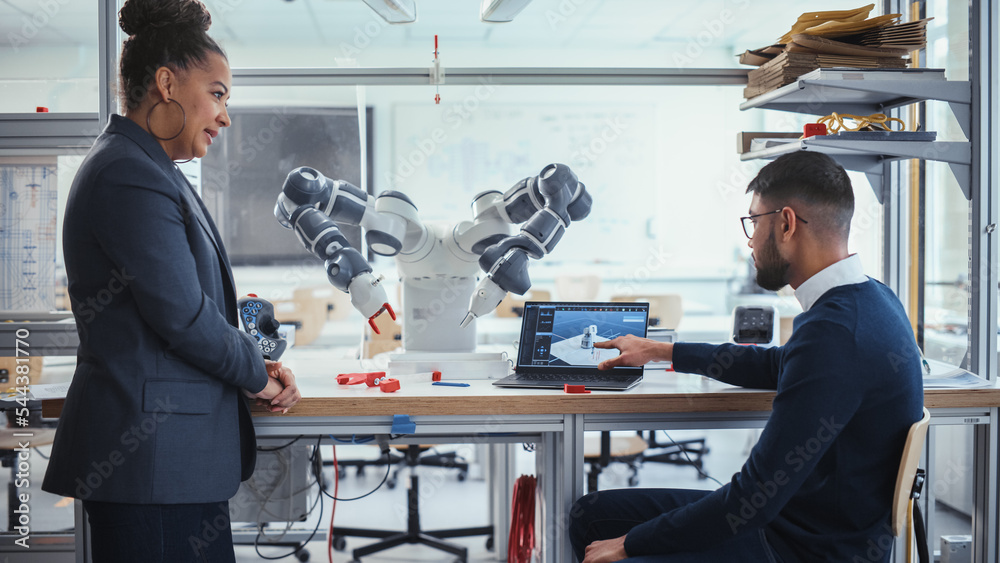 Aufkleber black chief engineer discussing futuristic robotic arm with young promising male computer scientist 