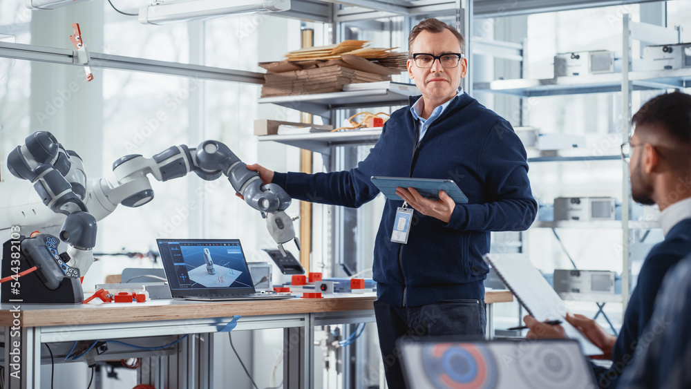 Poster In Robotics Development Laboratory: Future Engineers and Scientists Work With Automated Robotic Arm Prototype. Professional Tech Entrepreneur Inspires People For New Technological Achievements.