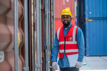 African American worker concept, African American worker working in warehouse containers for...