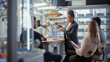 Computer Science Specialists Listen to Black Mentor While Working Together on Modification of Functions of Mechanical Arm for Innovative Project. Autonomous Facility Optimisation Concept.