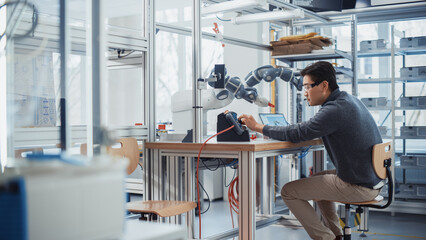 Asian Engineer Moving Robotic Arm with Control Panel While Developing Program on Laptop. Robotics...