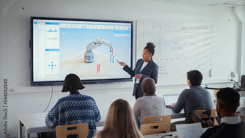 Poster Black Teacher Explain Engineering to Students And Point at Interactive Whiteboard with Program for Robotic Arm. Smart Future Developers Listen Attentively. Computer Science Education, Design, Study.