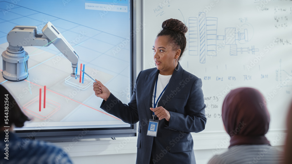 Poster Teacher Giving a Lesson to Diverse Students and Pointing at Robotic Hand, Fluctuations of Data in Charts on Interactive Whiteboard in University Classroom. Robotic Engineering Education Concept.