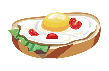 Piece of bread with fried egg and lettuce leaf. Vector