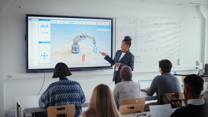 Black Teacher Explain Engineering to Students And Point at Interactive Whiteboard with Program for...