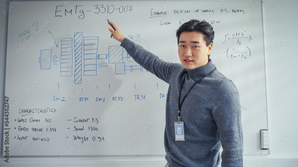 Poster portrait of asian professor giving speach at online conference. using whiteboard with statistical in