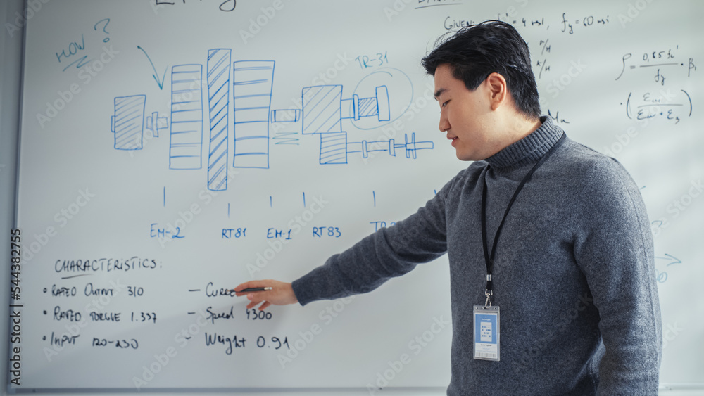 Poster Portrait of Asian Professor Giving Speach at Online Conference. Using Whiteboard with Statistical Information Illustrating Solution Options on Video Call. E-Learning and Remote Education Concept.
