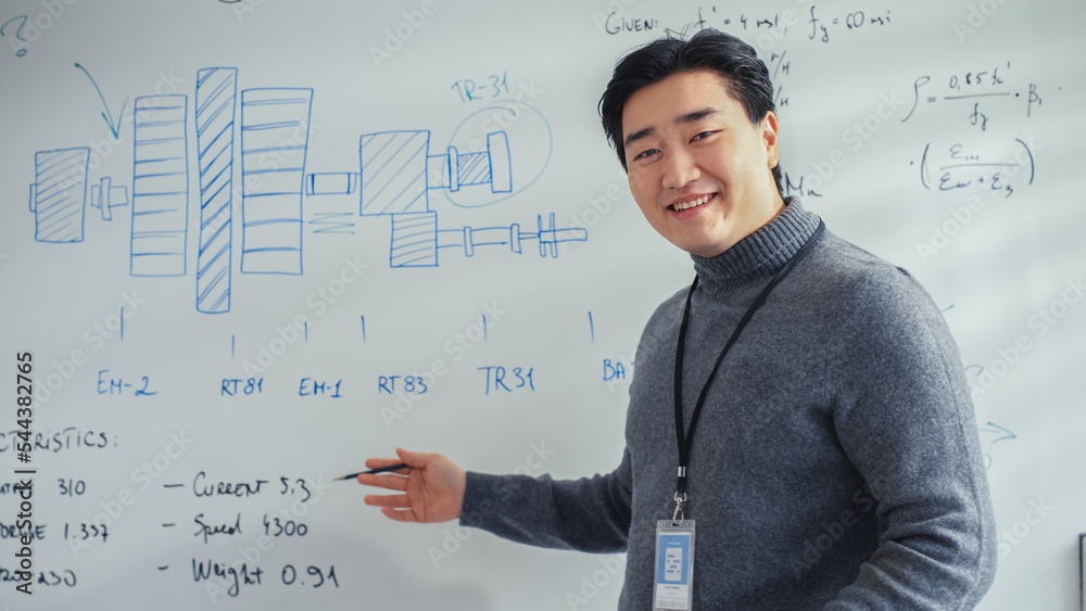 Poster Portrait of Asian Professor Giving Speach at Online Conference Video Call. Using Whiteboard with Statistical Information Illustrating Solution Options. E-Learning and Remote Education.