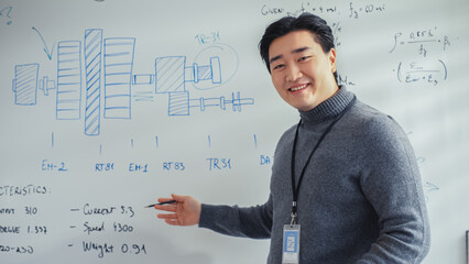 Portrait of Asian Professor Giving Speach at Online Conference Video Call. Using Whiteboard with...