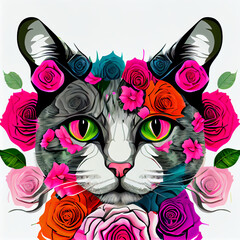 Abstract cartoon cat illustration surrounded by flowers and roses