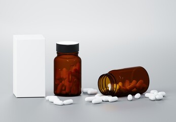 Medicine brown plastic jar with capsules and white box floating on gray background 3D render mockup
