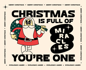 Retro Illustration with Santa Claus and Greeting Quote. Vector Character in Vintage Style. Christmas and New Year Poster