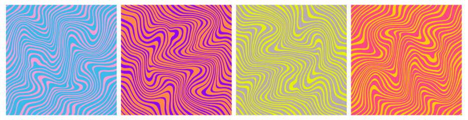 Psychedelic Seamless Patterns with Colorful Swirl Waves. Trippy Vector Texture. Groovy Vintage Backgrounds