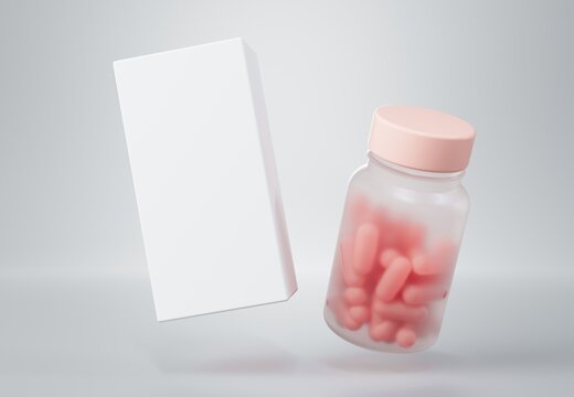 Medicine Plastic Jar With Pink Capsules And White Box Floating On Gray Background 3D Render Mockup