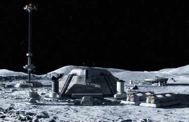 Moon outpost colony, futuristic lunar surface with living modules. Lunar base camp 3D background. Artemis program, space and planets exploration mission, terraforming, colonization, autonomous life