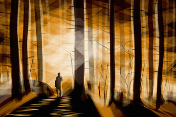 lone walker through the forest at sunset