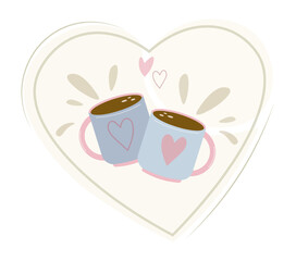 Pair of tea and coffee mugs. Hand drawing of a cup of tea for tea drinking on a white background. Cartoon cup with cute heart shaped design. Dishes for decoration, packaging, restaurants, cafes Vector
