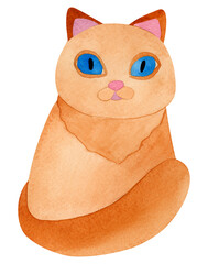 A red British cat with a big fluffy tail. Watercolor illustration of an animal, isolated on transparent background.