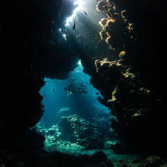 Lichtstrahlen scheinen durch das Riffdach beim Tauchen in Höhlen