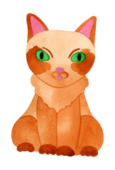 A red cat with big green eyes. Watercolor illustration of an animal, isolated on transparent background. For postcard design, invitation cards.