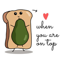 Cute Happy Avocado Toast, Kawaii Vegan food, Funny Chibi style Hand drawn illustration, Love bread and avocado