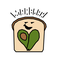 Cute Happy Avocado Toast, Kawaii Vegan food, Funny Chibi style Hand drawn illustration, Love bread and avocado