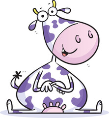 Cartoon of a fun cute cow character sitting with arms folded isolated on white