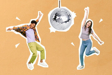 Collage photo of dancing couple friendship woman guy students celebrate nightclub weekend relax...
