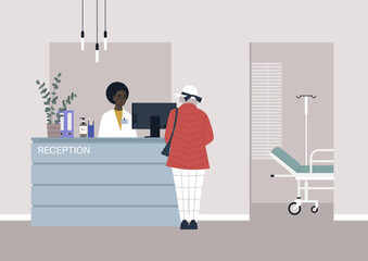 Administrator consulting a senior patient behind the receptionist desk, a modern clinics entrance