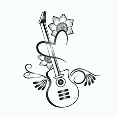 Black and whiter guitar with floral design premium vector eps file