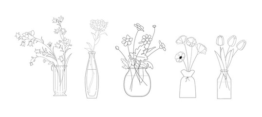 Set of wild Flowers line drawing vector art in a vase for decoration	