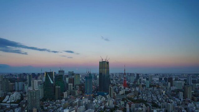 Timelapse video of Lunar eclipse with Tokyo city view from dusk to night.