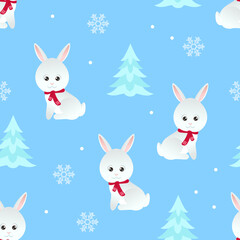 Winter seamless pattern with cute hares, Christmas trees and snowflakes on blue background. Simple vector illustration.