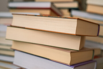 Stack of hardcover books close-up