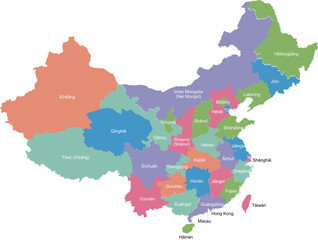 Colorful political map of China. Administrative divisions - provinces. Simple flat vector map with labels.