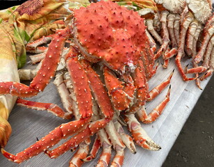 Boiled huge king crabs on street counter