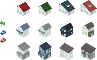 住宅のアイソメイラストセット