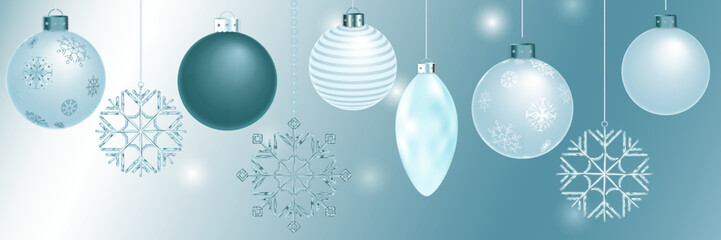 3d winter holiday vector illustration with balls, snowflakes, and gradients. Festive decoration in light blue and white colors is perfect for greeting cards, gift decoration, prints