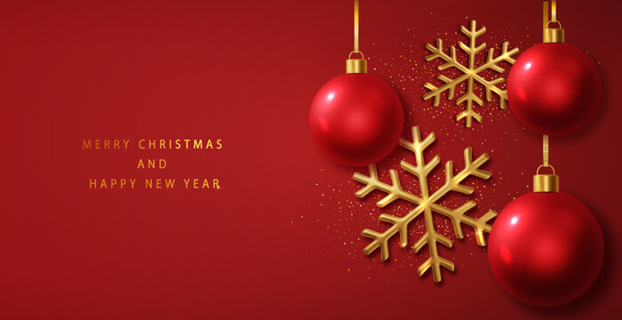 Red Christmas Background with golden realistic snowflakes and shiny balls. Christmas poster, greeting cards. Flat lay, top view. Holiday composition.