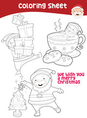 Christmas coloring page. Cute and funny cartoon characters. Coloring game for preschool children. Vector illustration. 