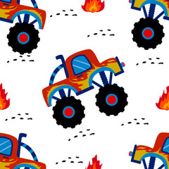 Monster truck  cartoon pattern design .monster truck pattern for kids clothing, printing, fabric ,cover. Monster car pattern.