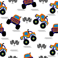 Monster truck  cartoon pattern design .monster truck pattern for kids clothing, printing, fabric ,cover. Monster car pattern.