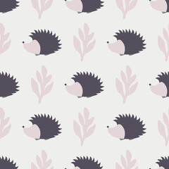 Seamless pattern with hedgehogs on a white background. Autumn background with hedgehogs, apples and autumn leaves.