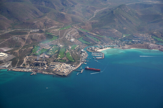 golf course la paz baja california sur mexico aerial panorama from airplane pichilingue harbor