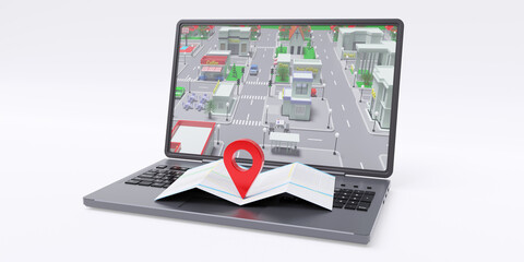 Navigation application. Computer laptop isolated on white. Pin on map with GPS location.