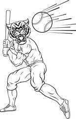 Tiger Baseball Player Mascot Swinging Bat at Ball